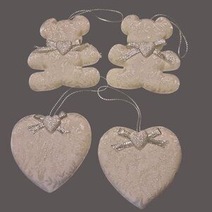White Brocade Valentine Ornaments Teddy Bear Heart Lot 4